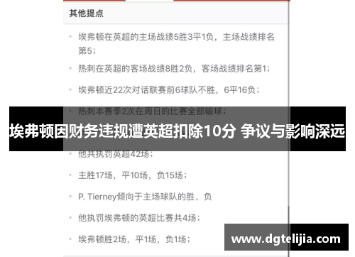 埃弗顿因财务违规遭英超扣除10分 争议与影响深远